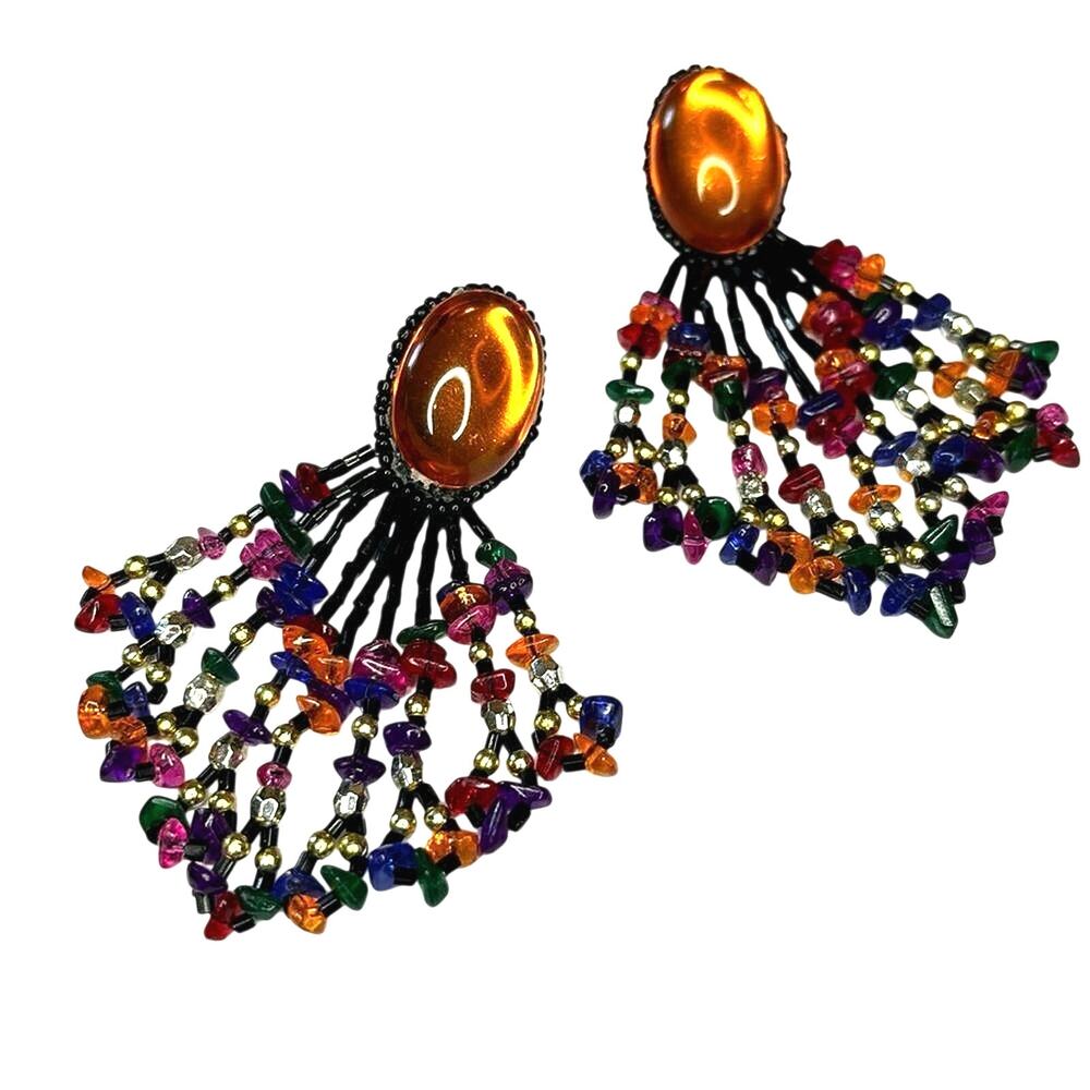Vintage Colorful Beaded Fringe Statement Earrings Amber Cabochon Boho Retro